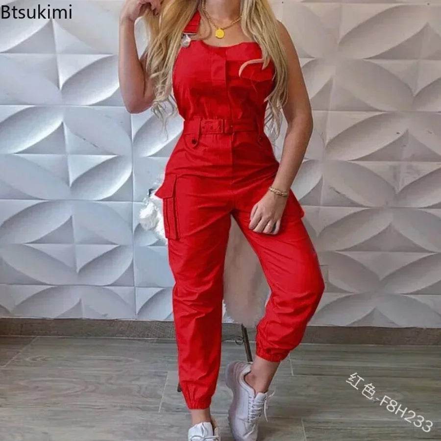 2025 Women's Casual Jumpsuits Cargo Playsuit Sleeveless O Neck Jumpsuit With Pocket and Belt Elegant Pencil Pants Loose Overalls - AIAZ