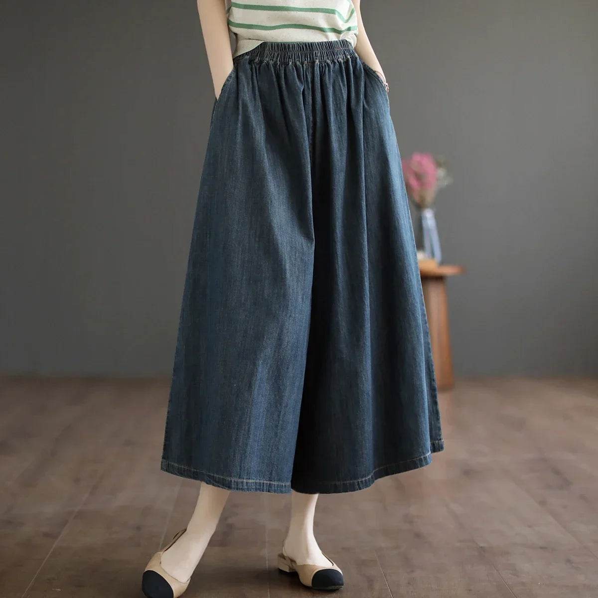 8215 Summer Trendy Wide Leg Jeans Skirts For Women New Design Straight Loose Casual Solid Color Elastic High Waist Denim Pants - AIAZ