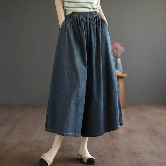 8215 Summer Trendy Wide Leg Jeans Skirts For Women New Design Straight Loose Casual Solid Color Elastic High Waist Denim Pants - AIAZ