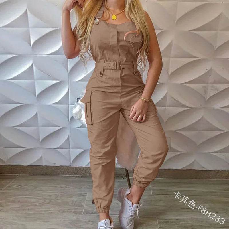 2025 Women's Casual Jumpsuits Cargo Playsuit Sleeveless O Neck Jumpsuit With Pocket and Belt Elegant Pencil Pants Loose Overalls - AIAZ