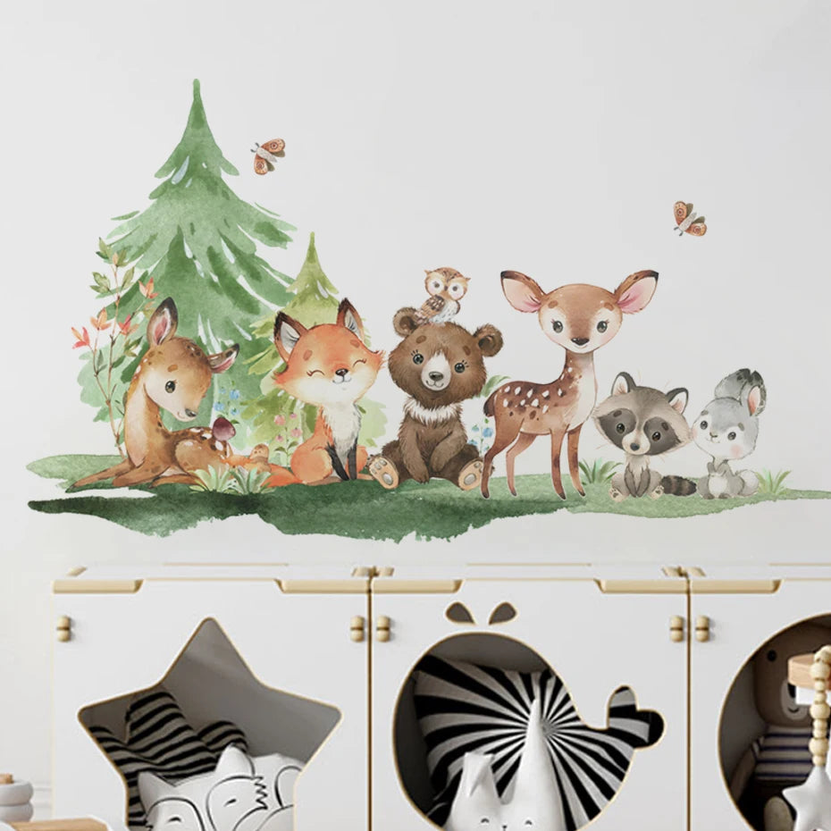 Forest Animals Theme Bear Deer Rabbit Children's Wall Stickers for Kids Room Baby Room Decoration Wallpaper Wall Decals Nursery