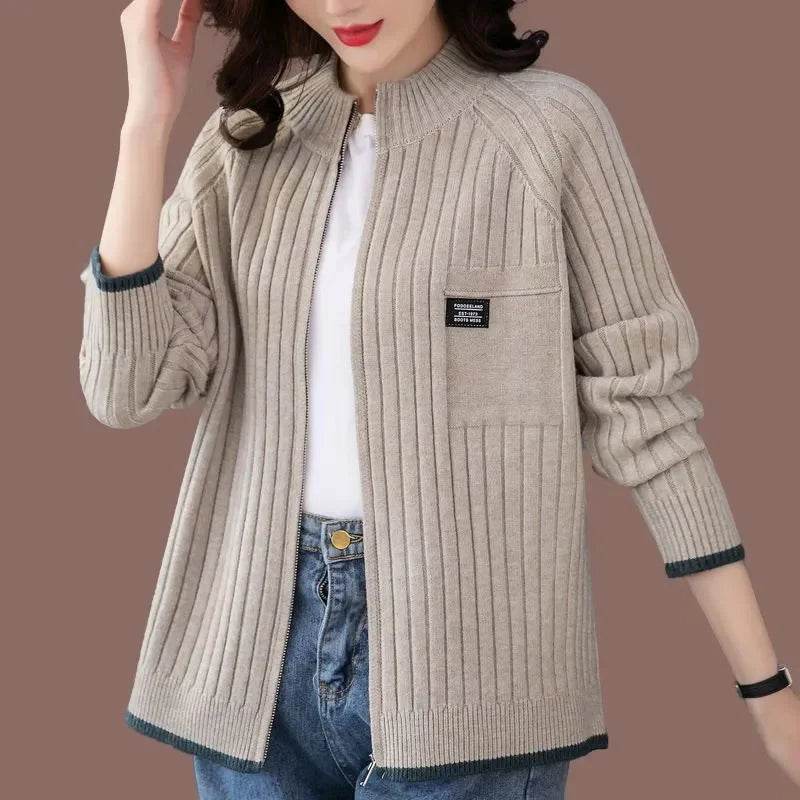 Knitted Cardigan Women's Coat 2025 Autumn Winter New Long sleeved Casual Zipper Sweaters Outwear Female Short Knitt Jacket - AIAZ