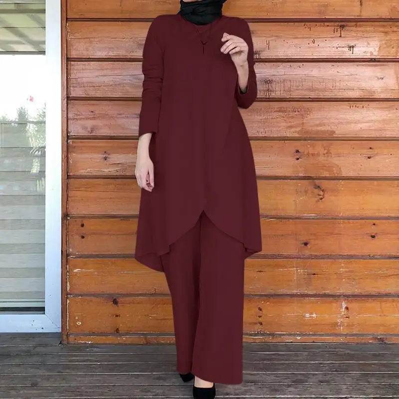2025 Women's Muslim Sets Fashion Asymmetrical Blouse with Wide Leg Pants Casual Suits Dubai Turkey Matching Sets Ladies Outfits - AIAZ