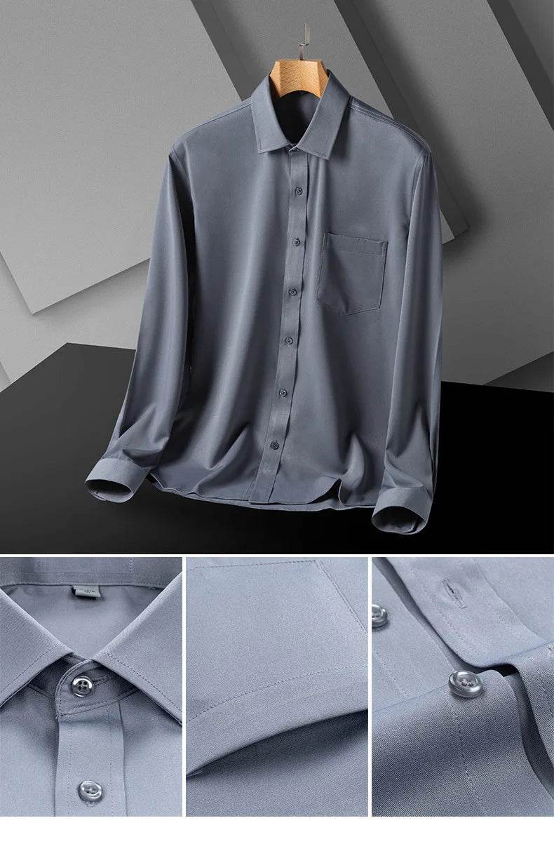Classic Shirts For Men Long Sleeve Business Causal Stretch Soft Solid Formal Anti-wrinkle Non-iron Navy Party Wedding Blouse 5XL - AIAZ