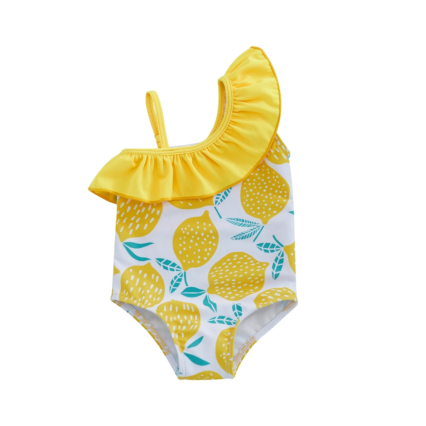 BeQeuewll Children Girl Summer Swimsuit Beach Wear Ruffle Sleeveless One Shoulder Lemon Print Baby Bathing Suit Infant Swimwear