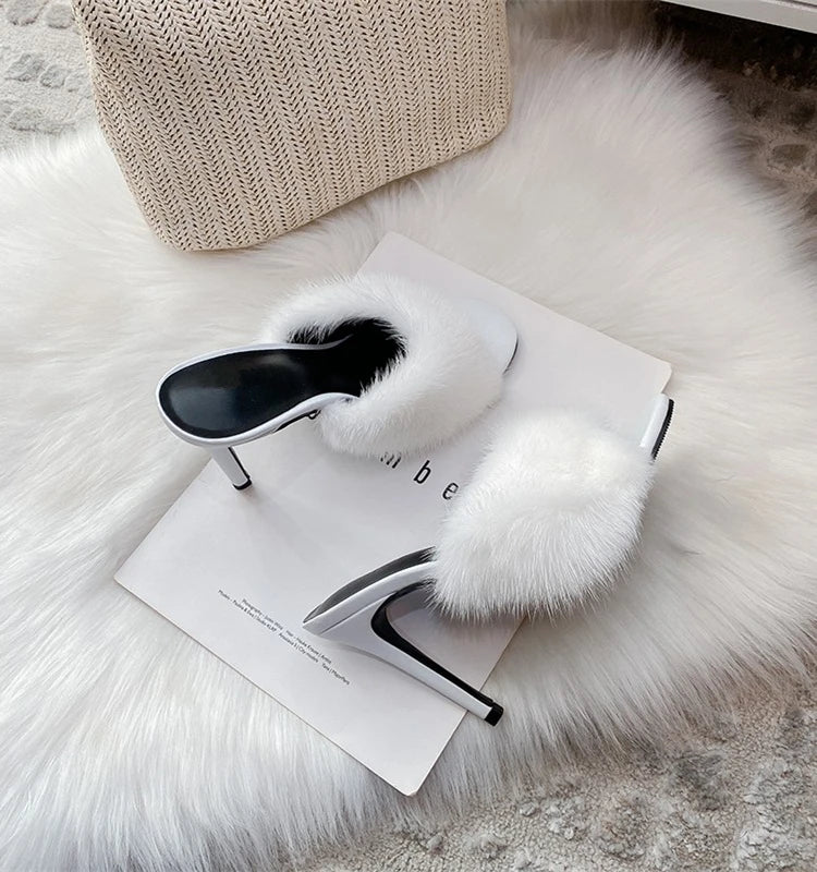 Thin high-heeled slippers summer new round-toed fish mouth fur leather fashion slippers banquet dress mink fur women's sandals