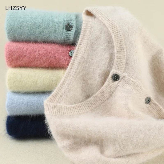 Women Cardigan Large Size Warm Pure Mink Cashmere Sweaters O-neck Loose Coat Female Sweater Ladies' Jacket Solid Knit Cardigans - AIAZ