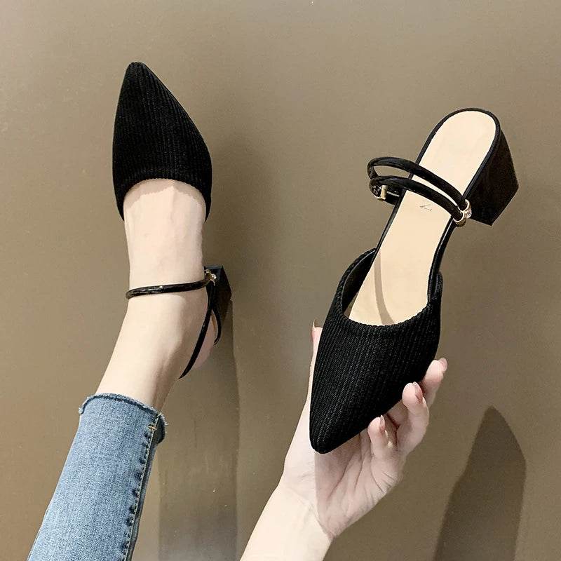 Korean Sle High Heel Sandals Women Summer Outdoor Wear Pointed Toe Double Wear Mules Cover Head f Slip Small Fraance Wind - AIAZ