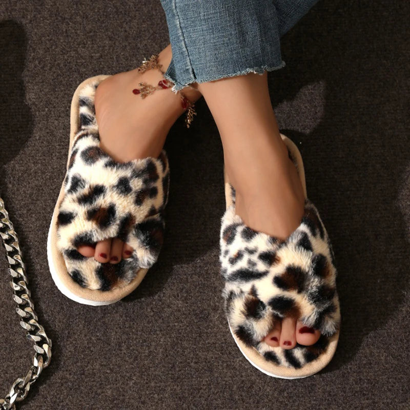 Fashion Women Fluffy Slippers Cross Band Soft Plush Cozy House Shoes Furry Open Toe Indoor Outdoor Slip Warm Anti Skid Sole