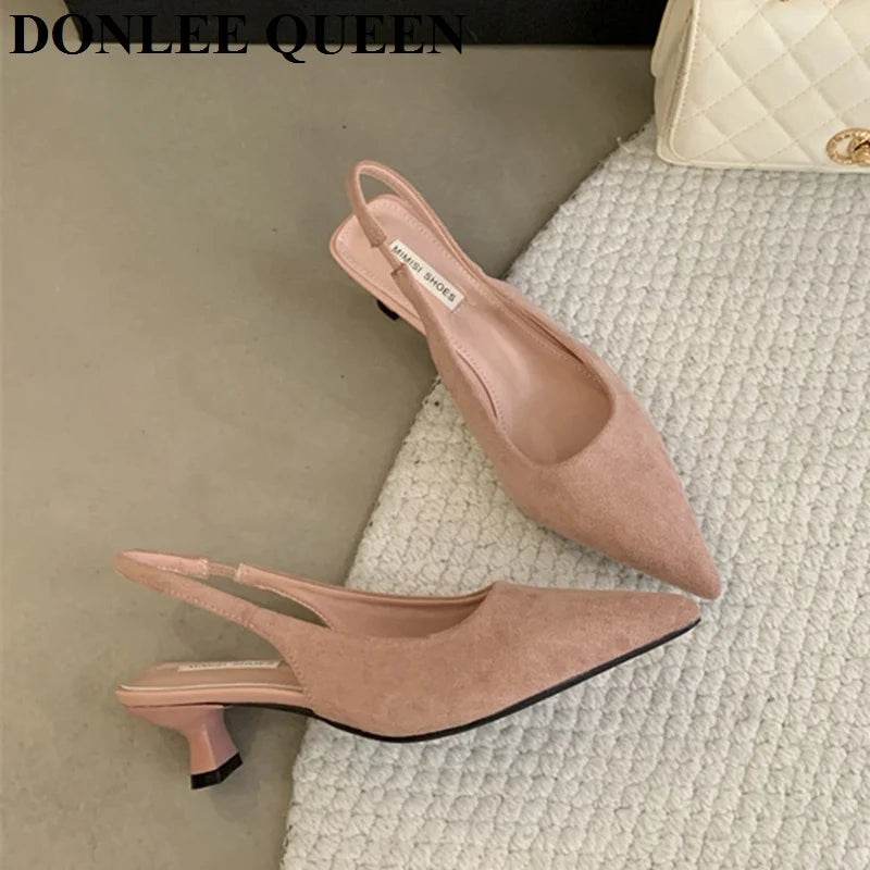 Fashion Brand Slingback Sandals Women Med Heels Pumps Elegant Pointed Toe Female Mules Dress Slides Sandalias Mujer Verano Mujer - AIAZ