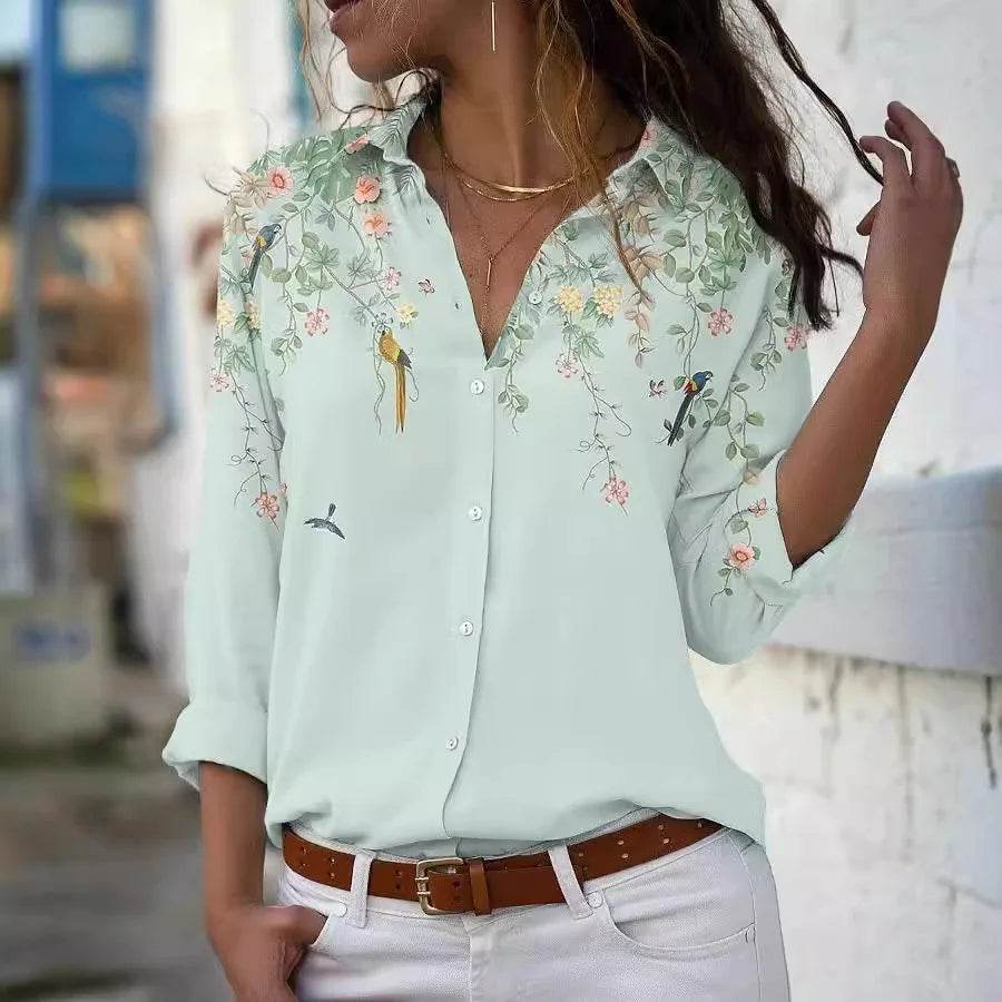 2025 Summer Women's Long Sleeve Top Fashion Comfort Printed T-Shirt Casual Loose Button Shirt for Female - AIAZ
