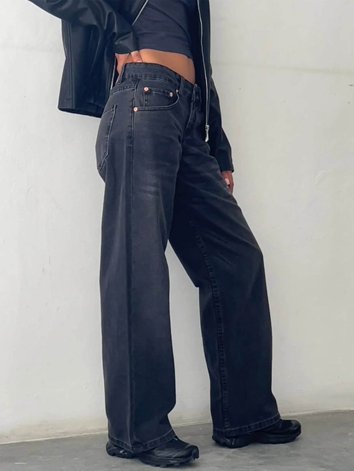 Women Vintage Aesthetic Y2k Low Rise Baggy Jeans Loose Fit Boyfriend Straight Wide Leg Jeans Trendy Stretch Long Denim Pants - AIAZ