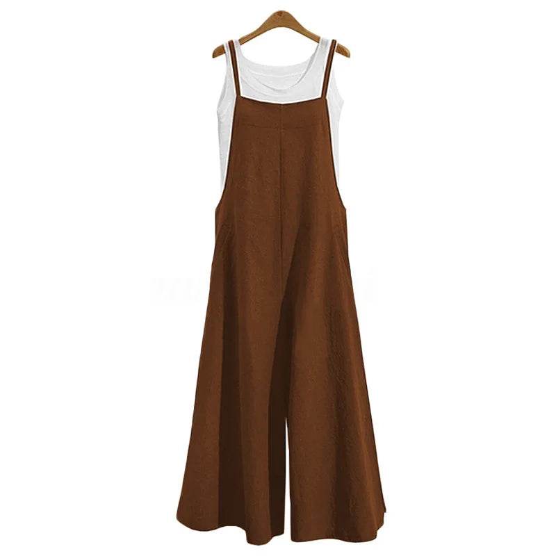 Women Straps Jumpsuit Summer Solid Color Wide Leg Pants Dungaree Bib Overalls Casual Loose Sleeveless Cotton Linen Jumpsuits 5Xl - AIAZ
