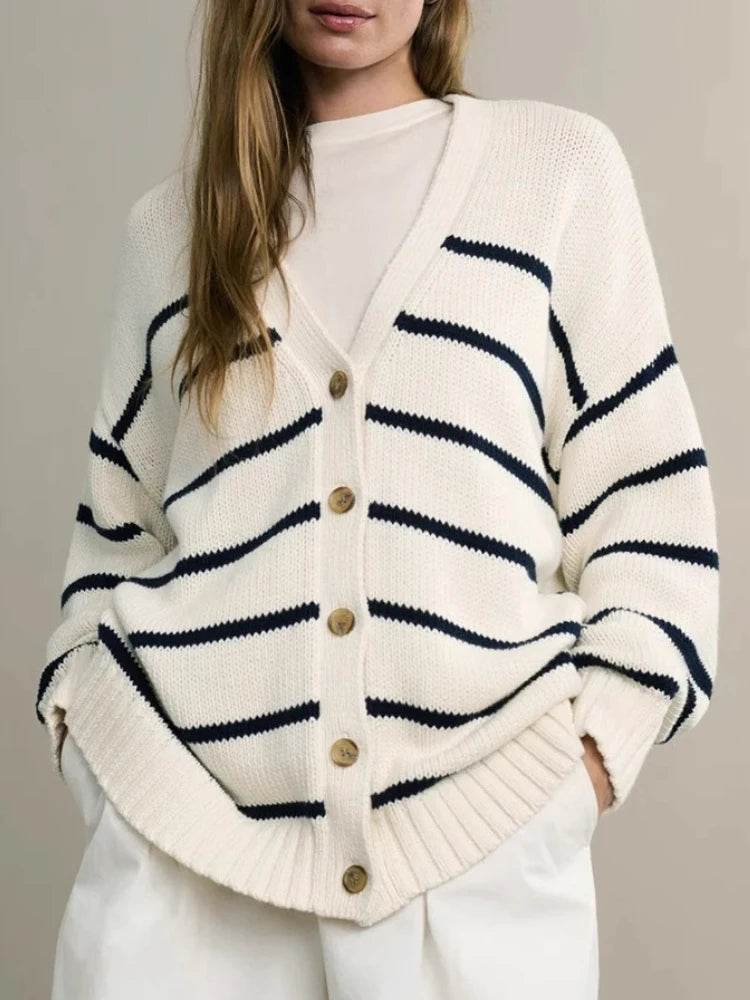 Striped Knitted Cardigan for Women European and American Style New Autumn and Winter 2025 V-Neck Long Sleeve Cardigan Sweater - AIAZ