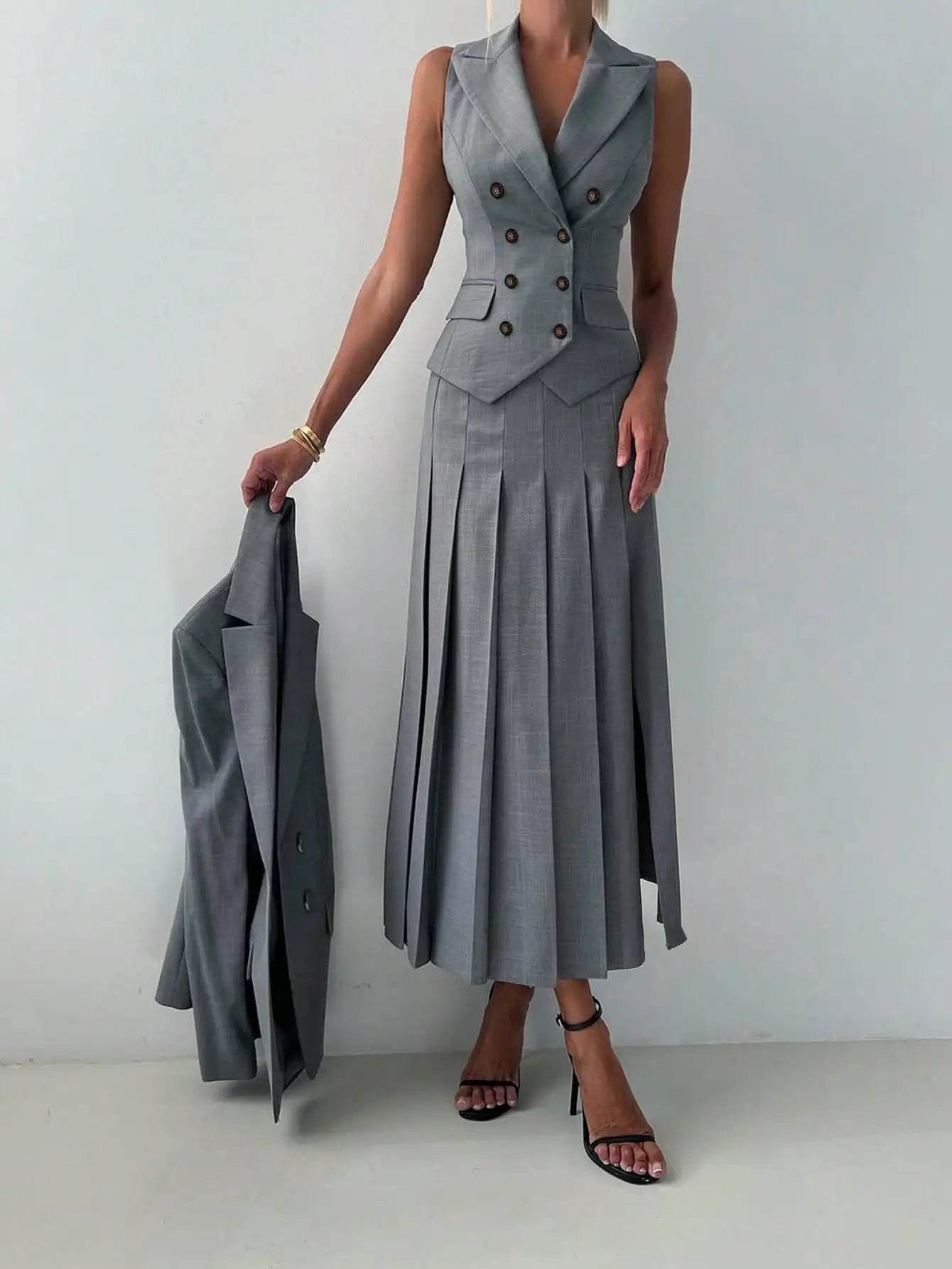 3pcs Women Elegant Work Casual Business Suit Set: Fitted Vest for Spring/Summer, Pleated Midi Skirt, Suitable for Office Lady - AIAZ