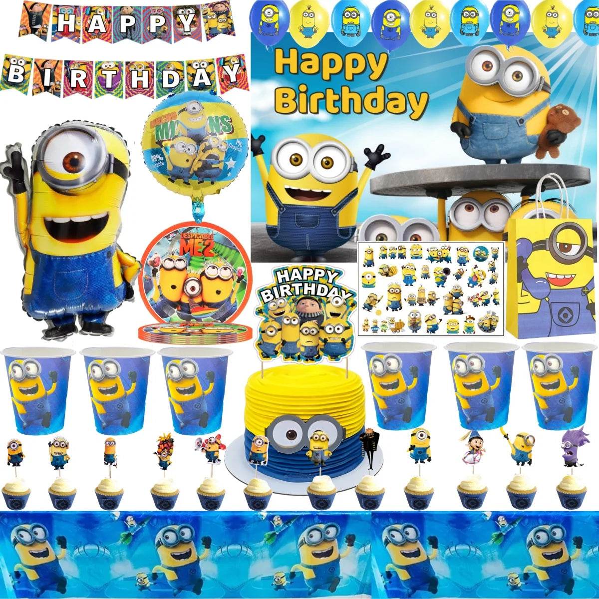 Big Eye Yellow Man Birthday Party Supplies Set - Disposable Tableware Tablecloth Plate Cup Balloon for Boys & Girls Baby Shower - AIAZ