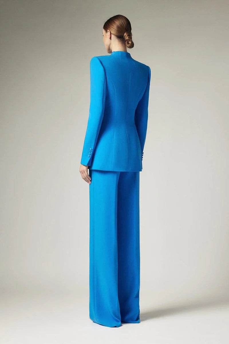 Business Women Suit Set 2 Piece Blazer Jacket Solid Color Wide Leg Pants Fashion Blue Pantsuits Coat+Trousers Customize - AIAZ