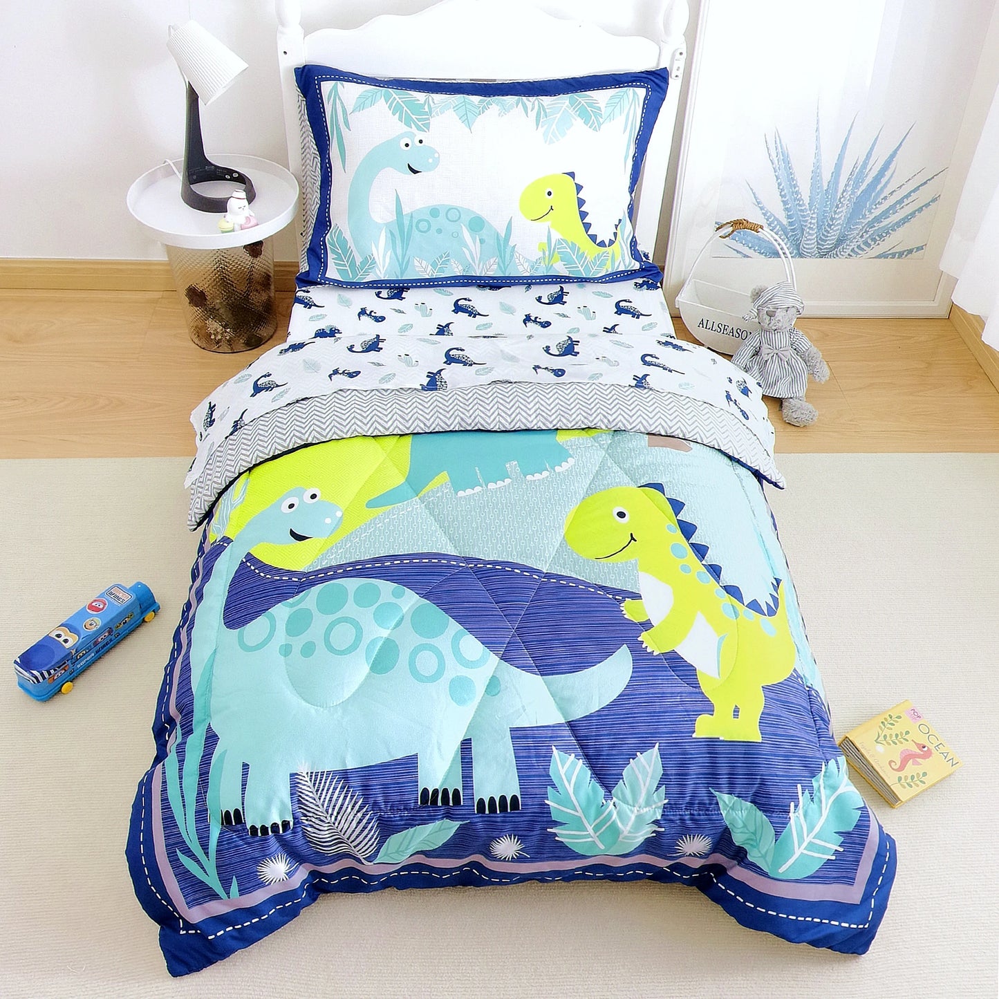 Toddler Comforter Set For Boys Girls Reversible Dinosaur Crib Bed Sets-Comforter, Fitted Sheet,Flat Sheet,Pillowcase