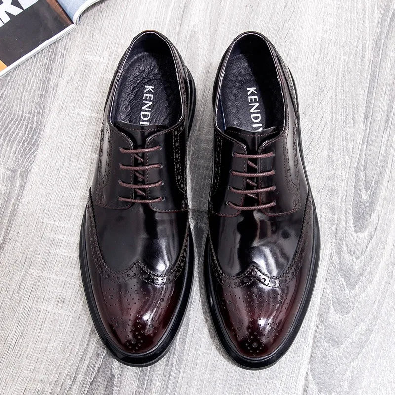 Mens Leather Dress Shoes Brogue Design Business Casual Shoes Spring Fashion Thick Sole Oxfords