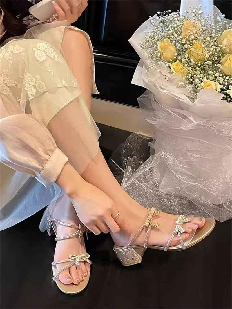 Hlieny Silver Crystal Bowknot Slipper Summer Outdoor Sandal Women Square Low Heel Beach Slip On Flip Flop Slides Shoes Size 40