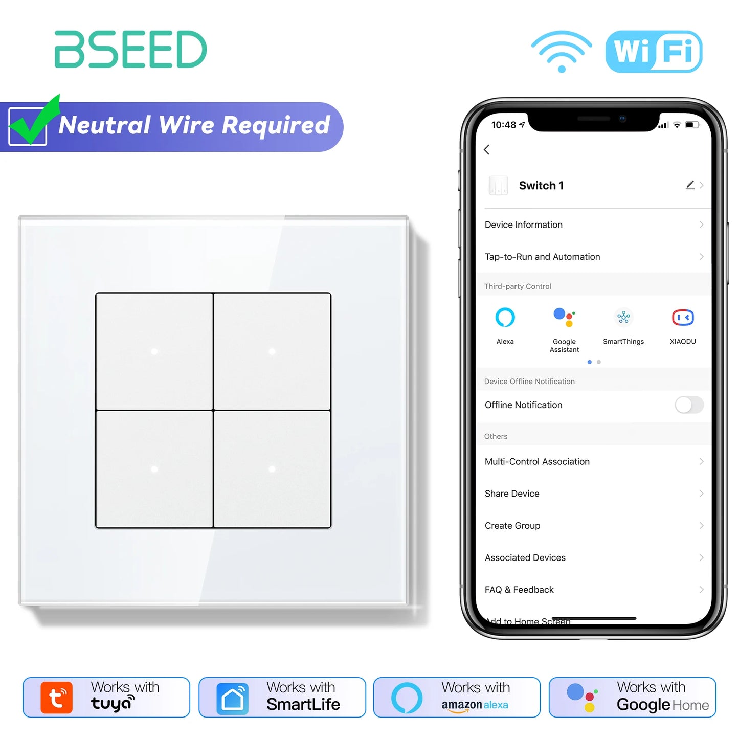 BSEED 1/2/3/4Gang 2Way WIFI Light Switch Smart Click Button Switch Glass Panel LED Indicator Support Tuya Smart Life Google Home
