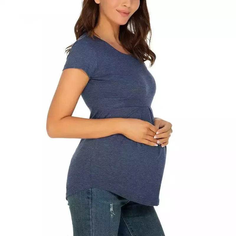 Summer Maternity Tops Women Pregnancy Short Sleeve T-Shirts Casual Tees for Pregnant Elegant Ladies Folds T-Shirt Women Clothes - AIAZ