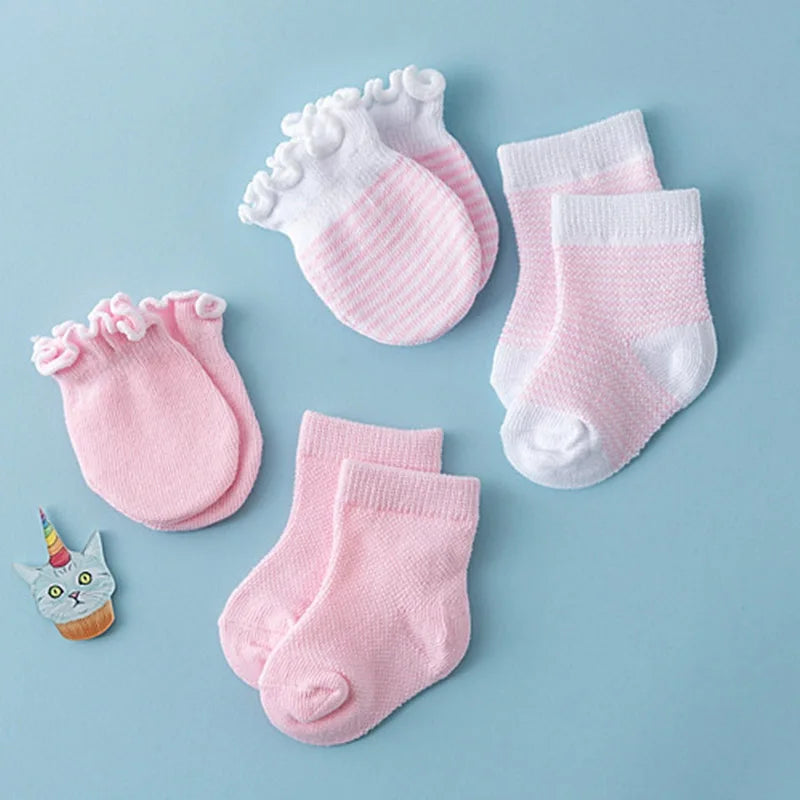 4Pair/Set Solid Color Baby Socks Gloves Set Cute Strip Elastic Infant Toddler Socks Soft Cotton Newborn Girl Boy Ruffle Mitten