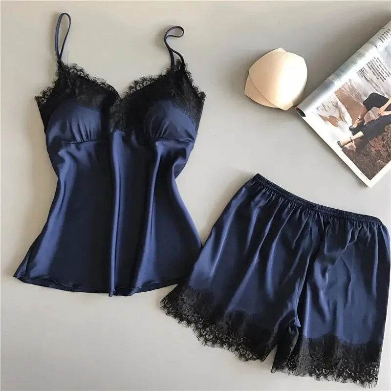 Women Pajama Suit Fashion V-Neck Stretch Satin Babydoll Lace Sexy Lingerie Bowknot Pyjamas Sleep Shorts Set Sleepwear New - AIAZ