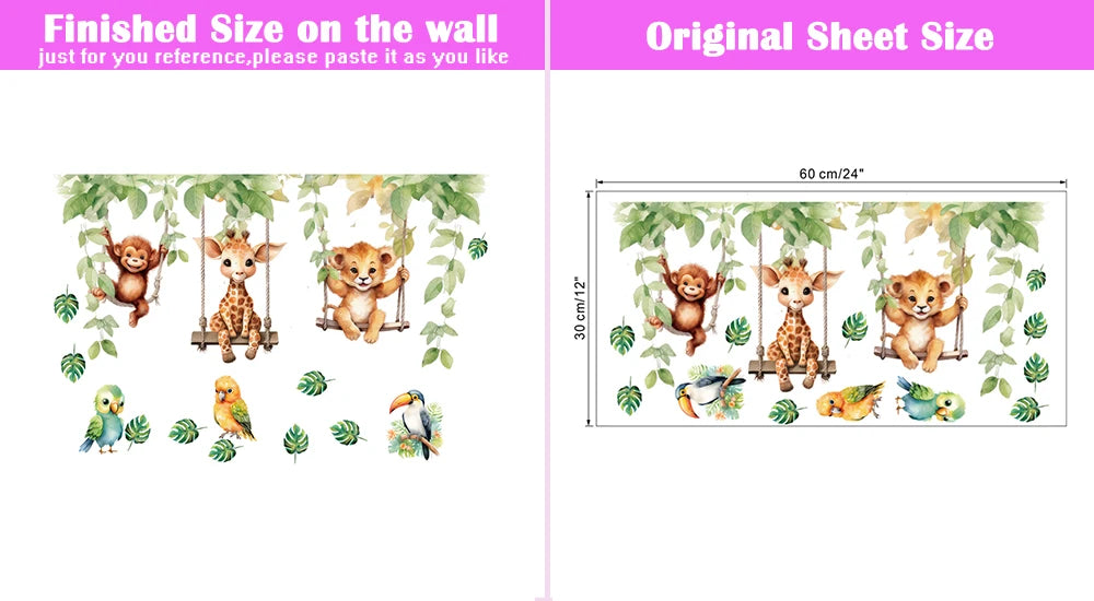 Funny Animals Bird Swinging Wall Stickers Kids Room Decoration Diy Cartoon Monkey Giraffe Lion Mural Art Pvc Posters Home Decals