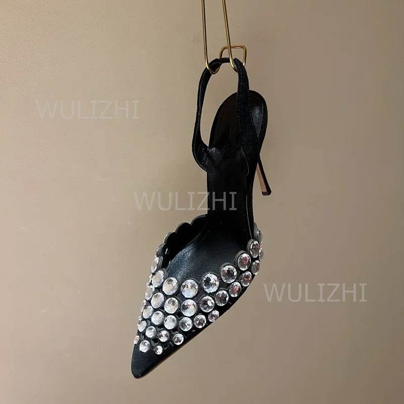 Silver Large Crystal Diamond Heels Sandals Shiny Women Red Leather Gold Slingback Pointed Toe Stiletto Black Bling Shoes Slip On - AIAZ