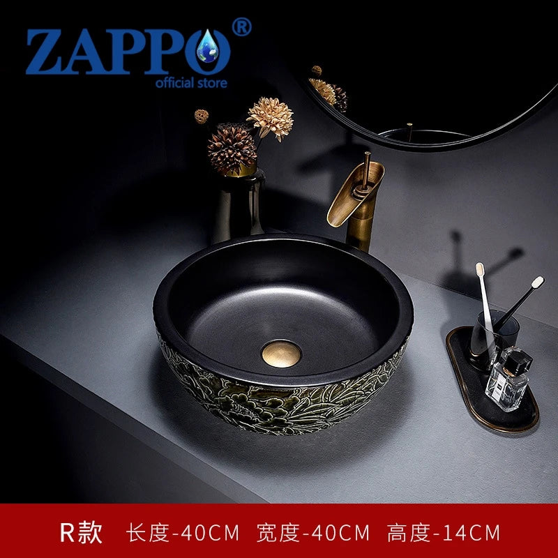 ZAPPO Round Vessel Sink with Faucet Drain JinDezhen Ceramic Vessel Sinks Oval Bathroom Sink Bowl Above Counter with Mixer Tap