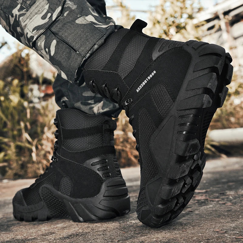 Outdoor Hiking Shoes Men Casual Combat Boots Men Breathable Wear-resistant Anti-slip Flat Comfortable High-top Boots Men
