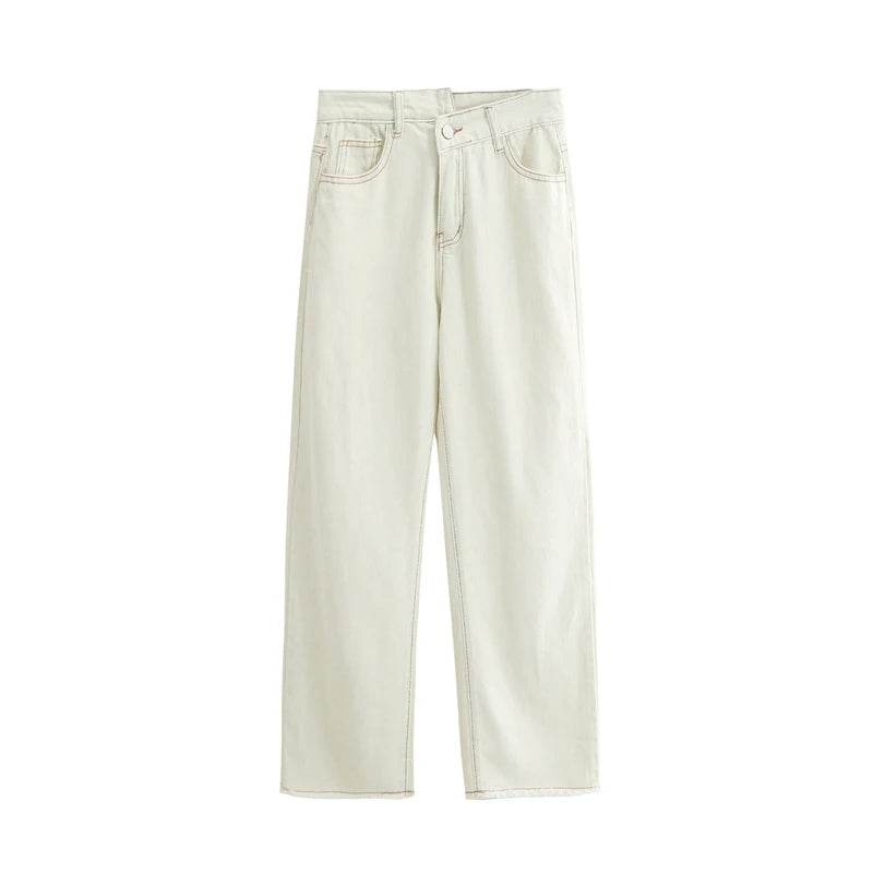 White Jeans For Women Spring High Waist Fashion Flower Design Straight Denim Pants Chic Loose Wide Leg Casual Trousers - AIAZ