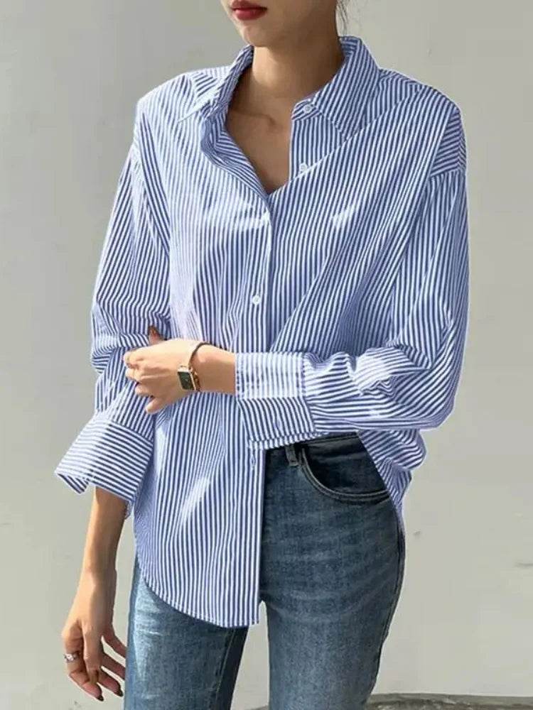 Women Spring Summer Blouses Shirts Lady Fashion Casual Long Sleeve Turn-down Blue Stripes Blusas Tops - AIAZ