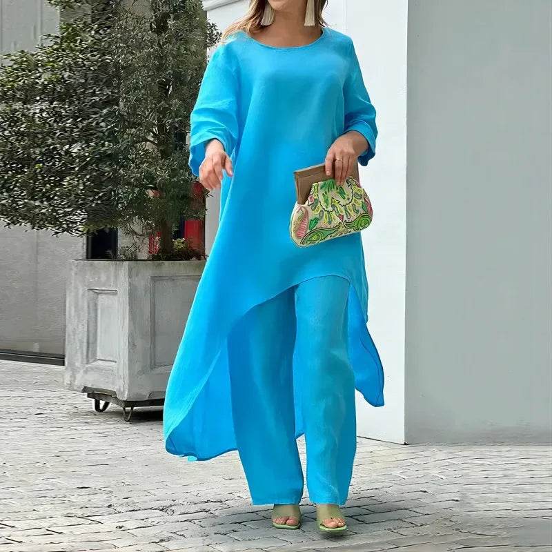 Women's Sets 2 Pcs Sale Casual O-Neck Long Sleeve Asymmetrical Dress& High Elastic Waist Wide Leg Solid Pant Suits Plus Size - AIAZ