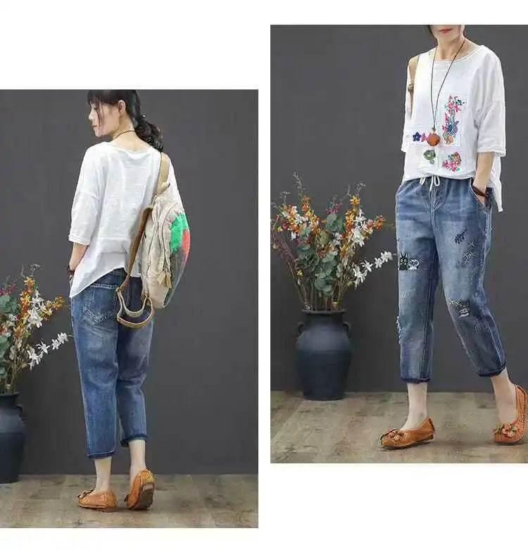 Womens Vintage Floral Loose Denim Pants 2025 Spring Chinese Style Casual Ripped Blue Jeans Holes Elastic Harem Trousers - AIAZ