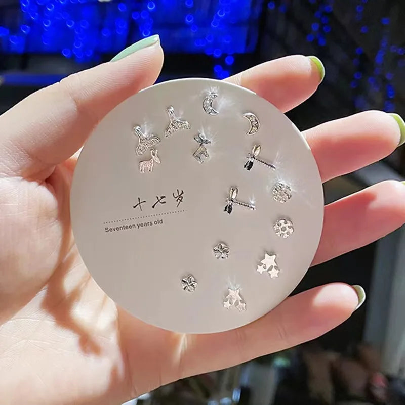 7 Pair/Set Korean Silver Color Fashion Geometric Female Small Earrings Multiple Pairs of Butterfly Cute Stud Earrings Jewelry