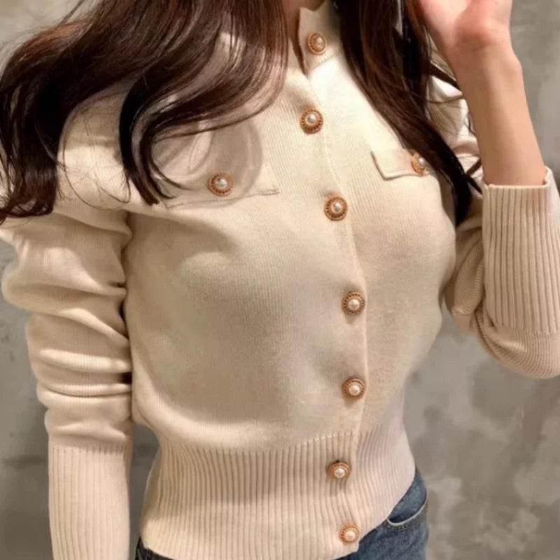 Women's Cardigan Sweater Decorative Pocket Button Solid Color Knitted Single-Breasted Jacket Women's Clothing - AIAZ