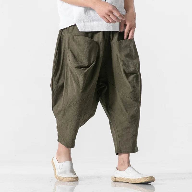 2025 Men Linen Pants Mens Wide Crotch Harem Pants Man Chinese Style Ankle-Length Pants Male Wide-Legged Bloomers Trousers - AIAZ