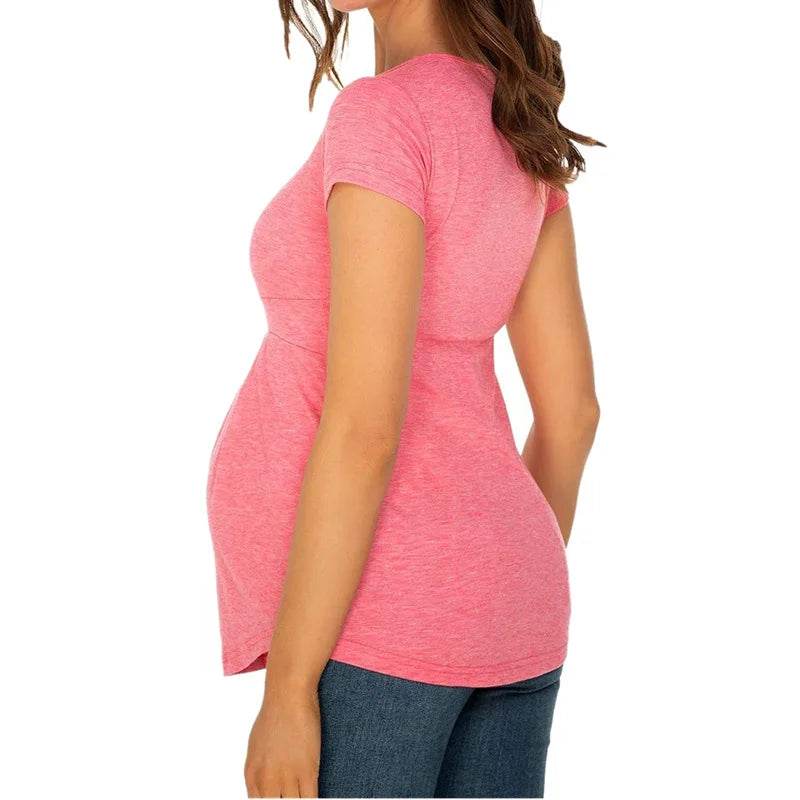 Summer Maternity Tops Women Pregnancy Short Sleeve T-Shirts Casual Tees for Pregnant Elegant Ladies Folds T-Shirt Women Clothes - AIAZ