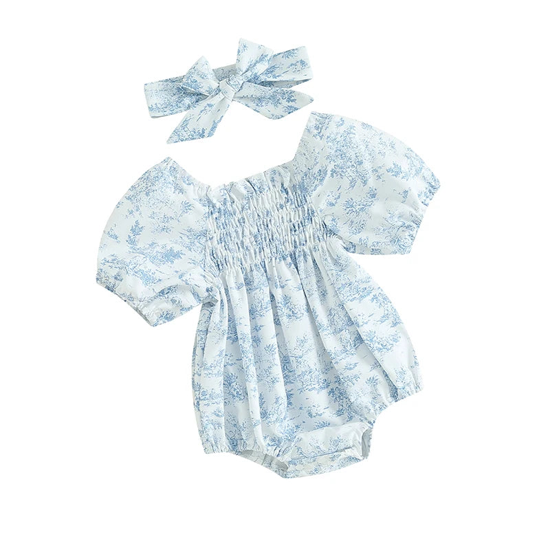 Citgeett Summer Infant Baby Girls Bodysuit Floral Print Puff Sleeve Clothes Jumpsuits Headband Blue Suit