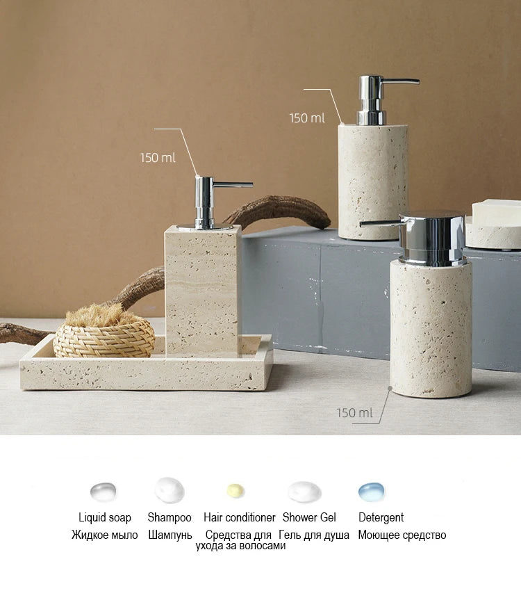 Beige Travertine Bathroom Accessories Set Natural Marble Soap Dispenser Soap Dish Reed Diffuser Vanity Tray Bathroom Set