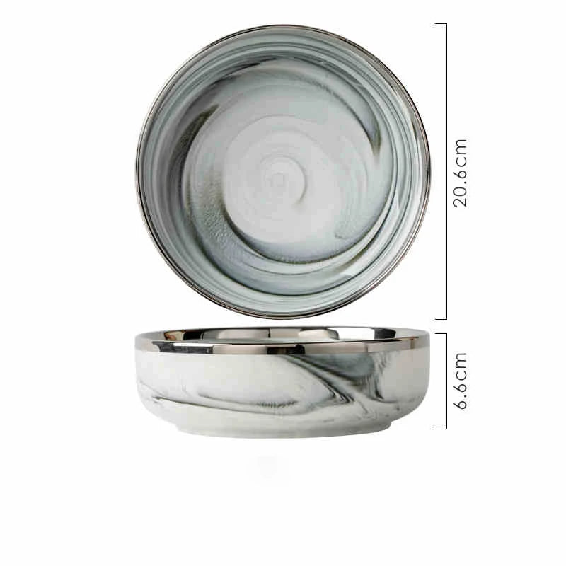 Light Luxury Ceramic Tableware Set Marble Fish Plates With Silver Rim Household Hotel LArge Capacity Soup Bowl Deep Plates