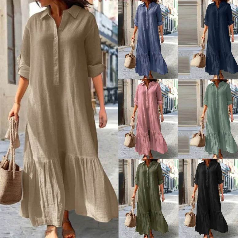 2025 Women's Linen Shirt Dress - Asymmetrical Hem Button Down Casual Dress - AIAZ