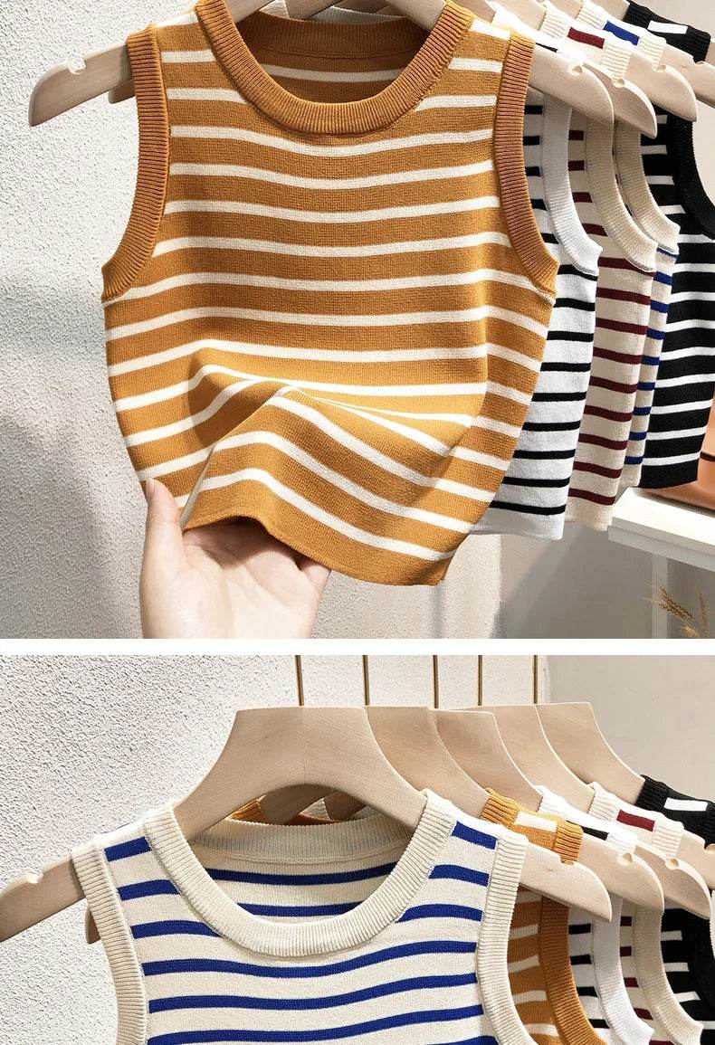 Summer Spring Striped Tank Tops Women Sleeveless Knitted T-Shirts Crop Tops Female Elastic Slim Casual Vests Pullover Camis - AIAZ