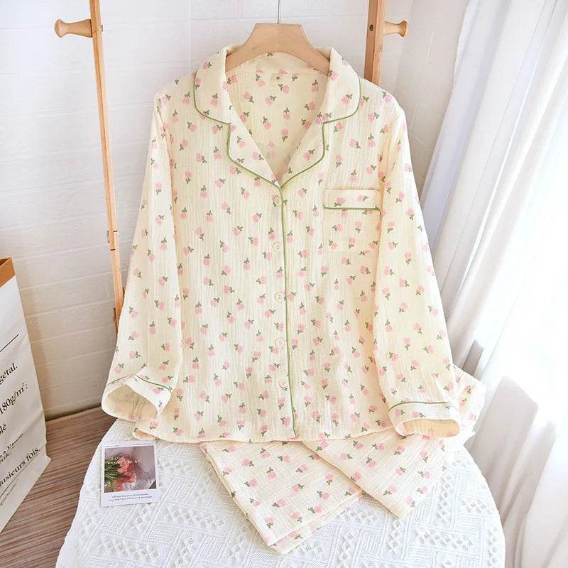 Solid Breathable Lovers 100% Cotton Crepe Pajamas Sets Women Men Autumn Long Sleeve Fresh Soft Pijama Mujer Casual Pyjamas - AIAZ