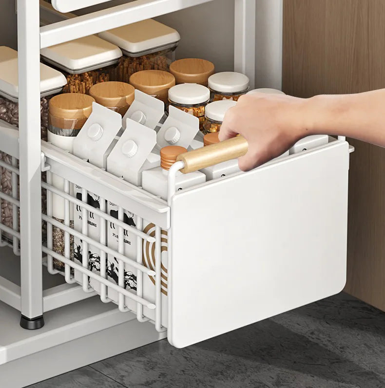 Under Sink Storage Rack Pull out Cabinet Organizer Kitchen Sliding Drawer Storage Basket Handle Bowl Plate Rack Holder Shelves
