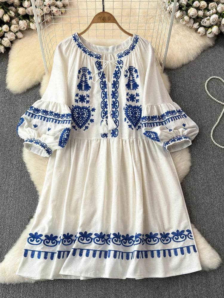 Women's Spring Summer Dress Bohemian Retro Ethnic Style Diamond Cotton Linen Blend Embroidered Lantern Sleeves Mini Dress A20 - AIAZ