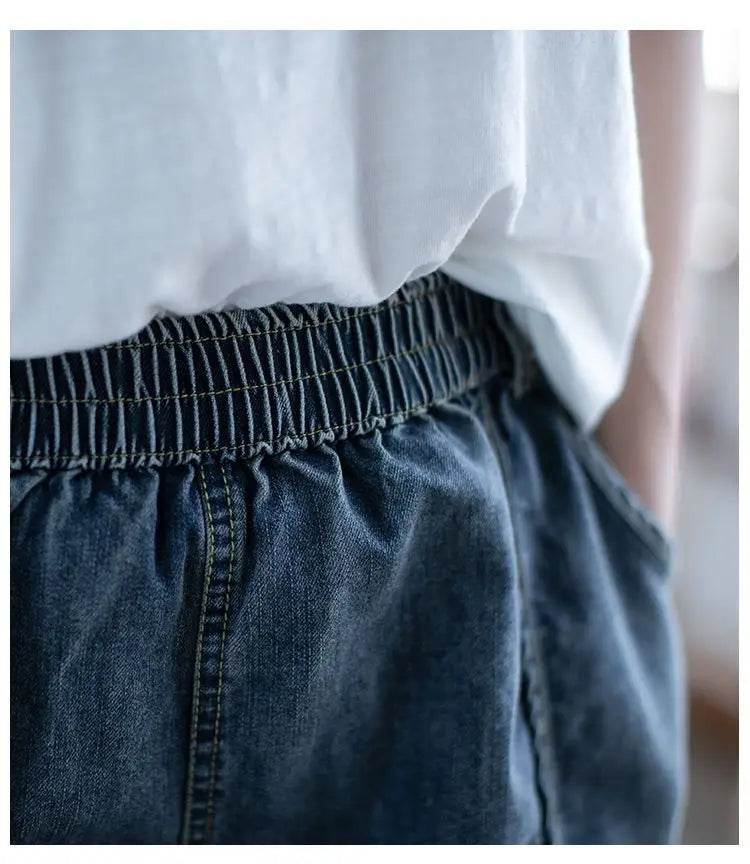 Summer Thin High-waisted Retro Denim Shorts for Women Loose Mid-pants New Wide-leg Large Pocket Five-point Pants - AIAZ