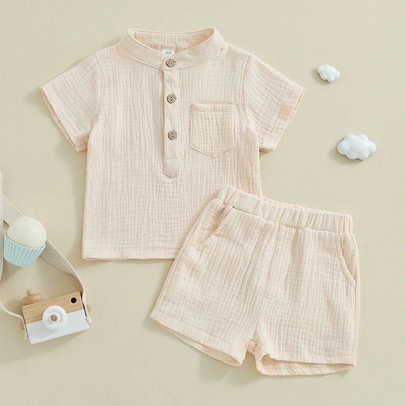 Suefunskry Toddler Boys Summer 2Pcs Casual Outfits Solid Color Short Sleeve Button Tops and Elastic Waist Shorts Sets 6M-4Y